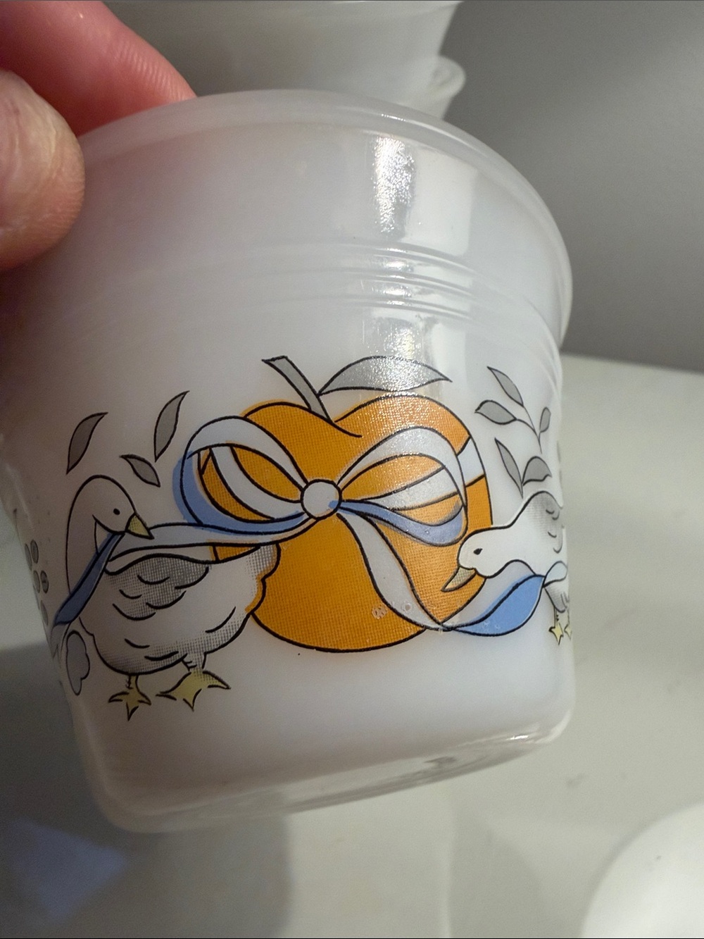 Vintage Indopal Milk Glass Goose, blue ribbon & Peach Cups Ramekins